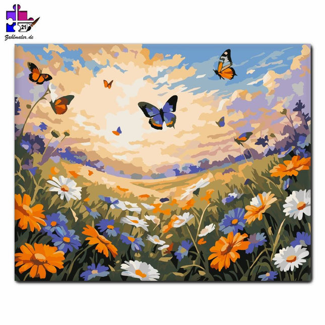 Frühlingsfeld mit Schmetterlingen | Malen nach Zahlen-Zahlmaler.de