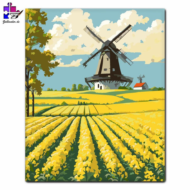 Frühlingsrapsfeld und Windmühle | Malen nach Zahlen-Zahlmaler.de