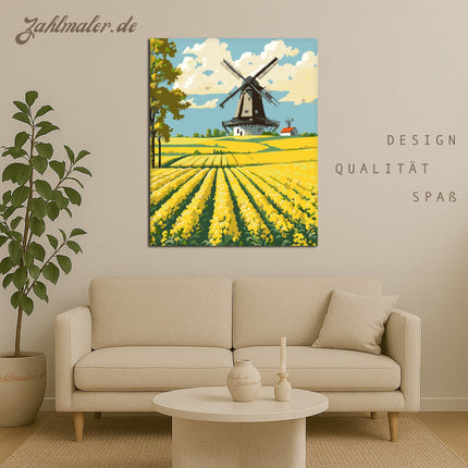 Frühlingsrapsfeld und Windmühle | Malen nach Zahlen-Zahlmaler.de