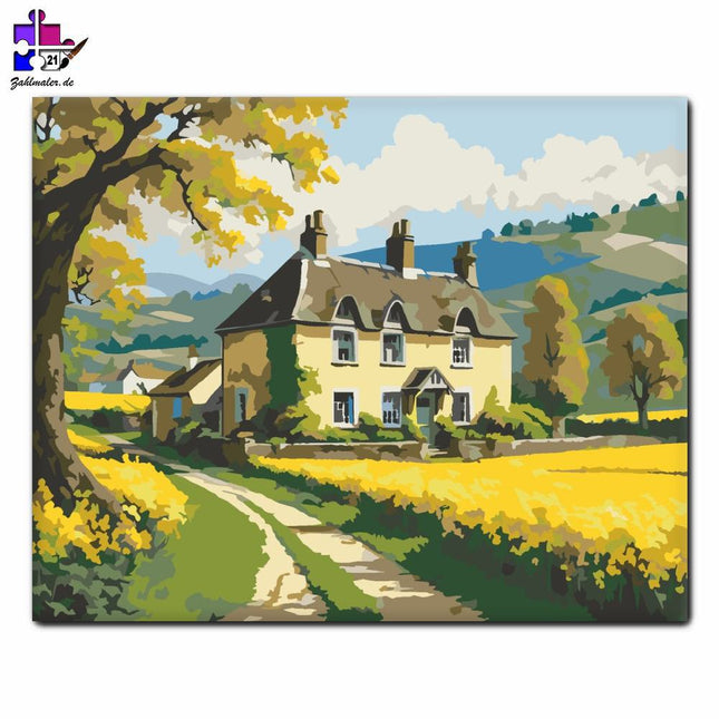 Frühlingsdorf mit Reisfeldern | Malen nach Zahlen-Zahlmaler.de