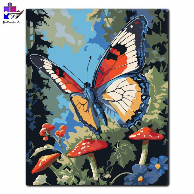 Juwelenfarbener Schmetterling auf rotem Knopf | Malen nach Zahlen-Zahlmaler.de
