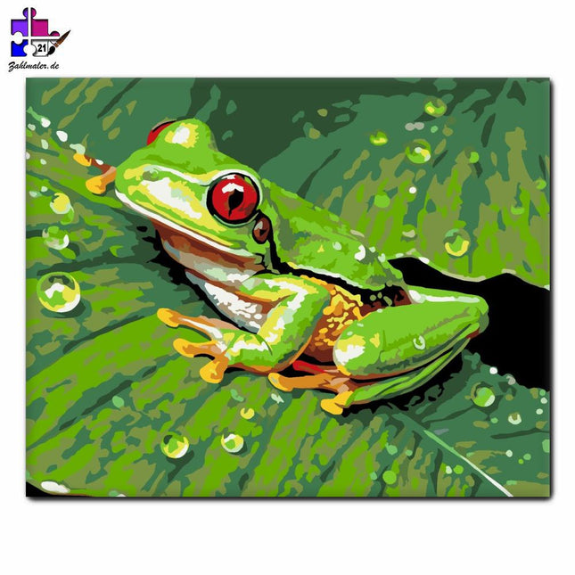 Grüner Laubfrosch im harmlosen Laub | Malen nach Zahlen-Zahlmaler.de