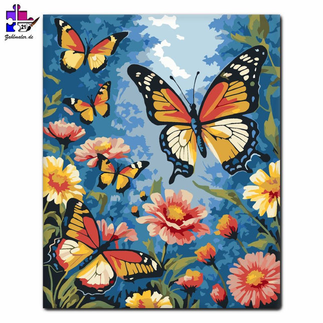 Glückliche Schmetterlinge in einem Blumengarten | Malen nach Zahlen-Zahlmaler.de