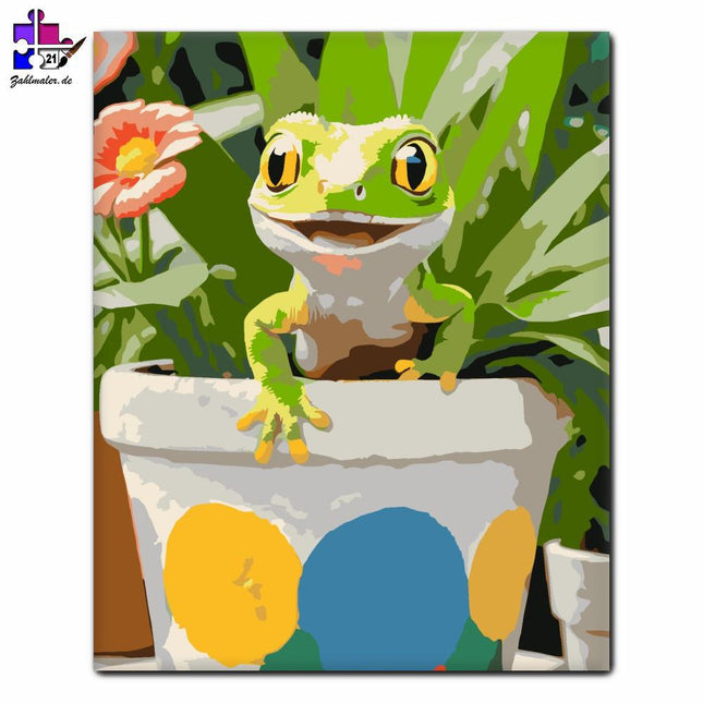 Lächelnder Gekko in einem Blumentopf | Malen nach Zahlen-Zahlmaler.de