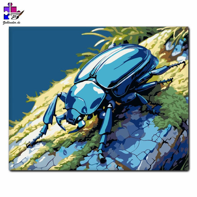 Schillernder blauer Käfer auf einem Mohnstein | Malen nach Zahlen-Zahlmaler.de
