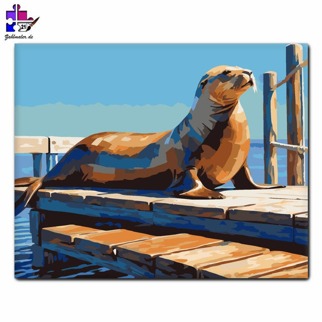 Löwenrobbe beim Sonnenbad auf dem Pier | Malen nach Zahlen-Zahlmaler.de