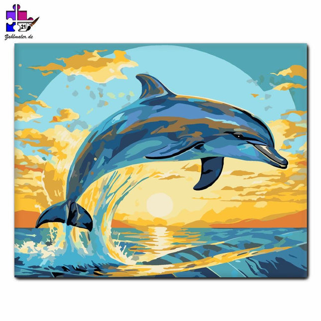 Springender Delfin bei Sonnenuntergang | Malen nach Zahlen-Zahlmaler.de