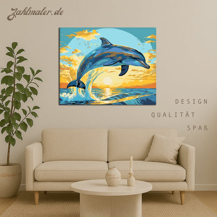 Springender Delfin bei Sonnenuntergang | Malen nach Zahlen-Zahlmaler.de