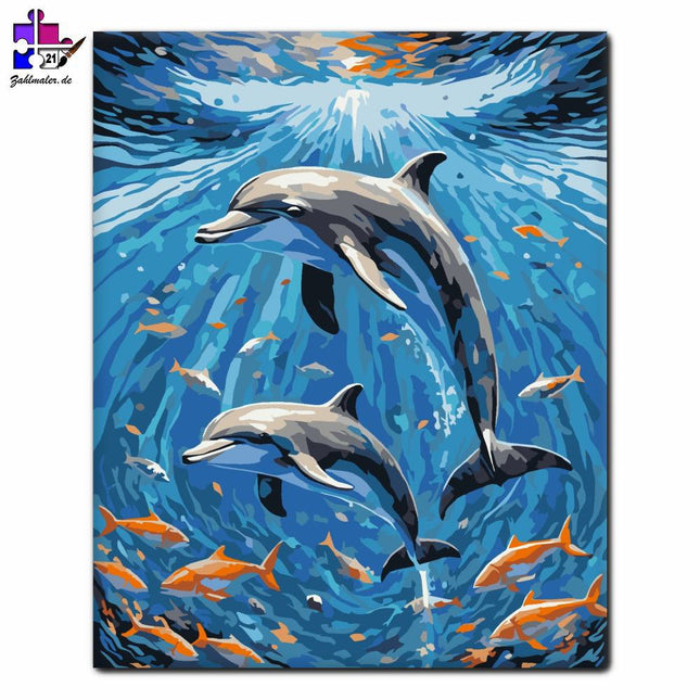 Ein glückliches Delfinpaar inmitten eines Fischschwarms | Malen nach Zahlen-Zahlmaler.de
