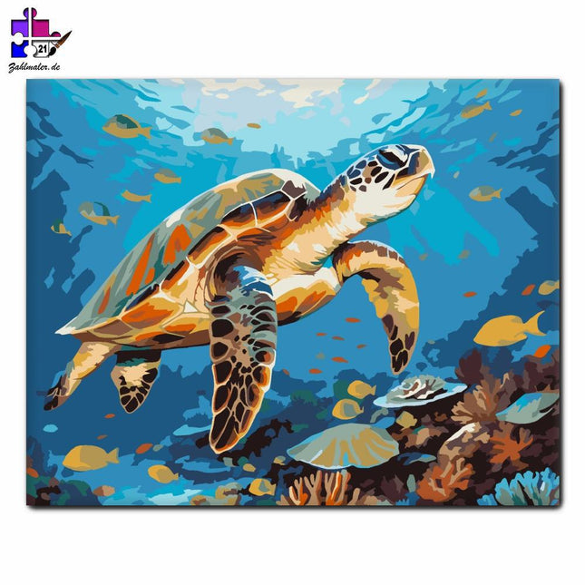 Grüne Meeresschildkröte am Korallenriff | Malen nach Zahlen-Zahlmaler.de