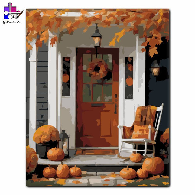 Herbstliche Veranda mit Kürbissen | Malen nach Zahlen-Zahlmaler.de