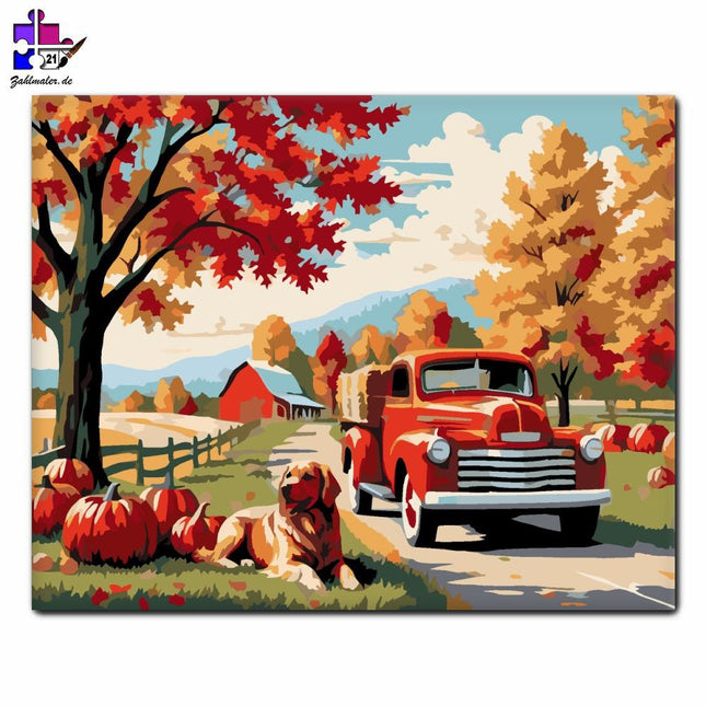 Herbstliche Landschaft mit rotem LKW | Malen nach Zahlen-Zahlmaler.de