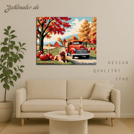 Herbstliche Landschaft mit rotem LKW | Malen nach Zahlen-Zahlmaler.de