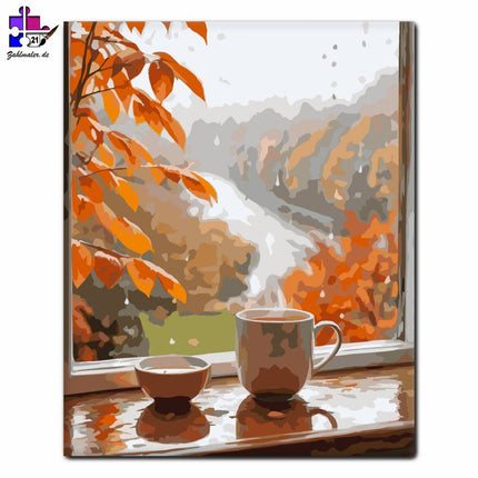 Herbstliche Fensterbank mit Tee | Malen nach Zahlen-Zahlmaler.de