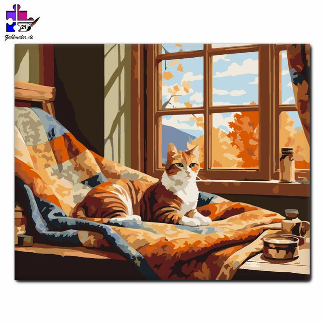 Herbstfenster mit Katze | Malen nach Zahlen-Zahlmaler.de