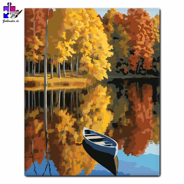Herbstliches Seeufer mit Boot | Malen nach Zahlen-Zahlmaler.de