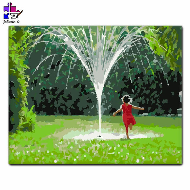 Kinder spielen am Gartenbrunnen | Malen nach Zahlen-Zahlmaler.de
