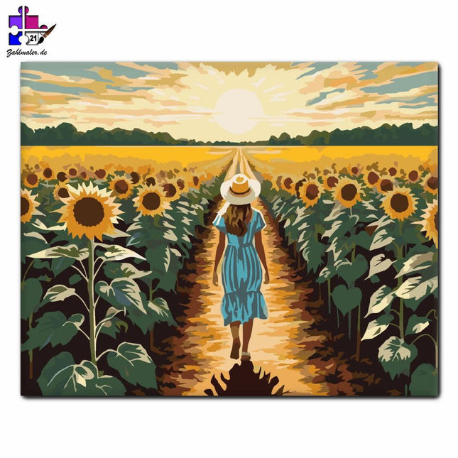 Sonnenblumenfeld Sommerwanderung | Malen nach Zahlen-Zahlmaler.de
