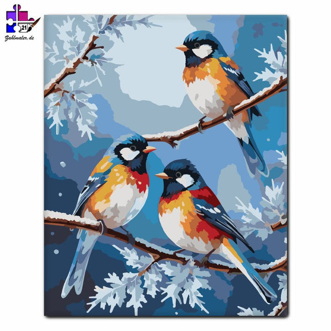 Bunte Vögel auf dem gefrorenen Ast | Malen nach Zahlen-Zahlmaler.de