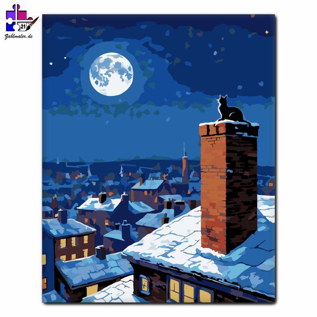 Verschneites städtisches Dach mit Katze | Malen nach Zahlen-Zahlmaler.de