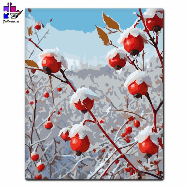 Schneeglöckchen Hagebuttenzweige | Malen nach Zahlen-Zahlmaler.de