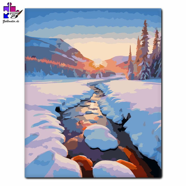 Verschneites Feld mit Sonnenaufgang | Malen nach Zahlen-Zahlmaler.de