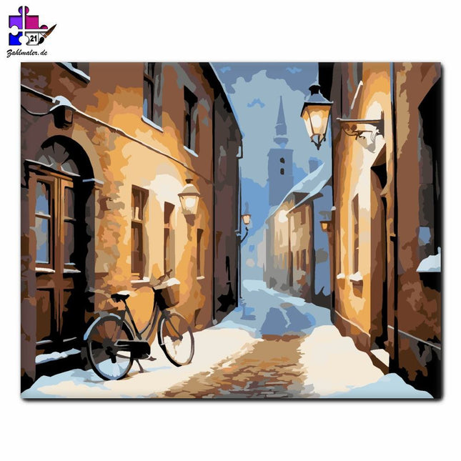 Verschneites europäisches Skizelt mit dem Fahrrad | Malen nach Zahlen-Zahlmaler.de