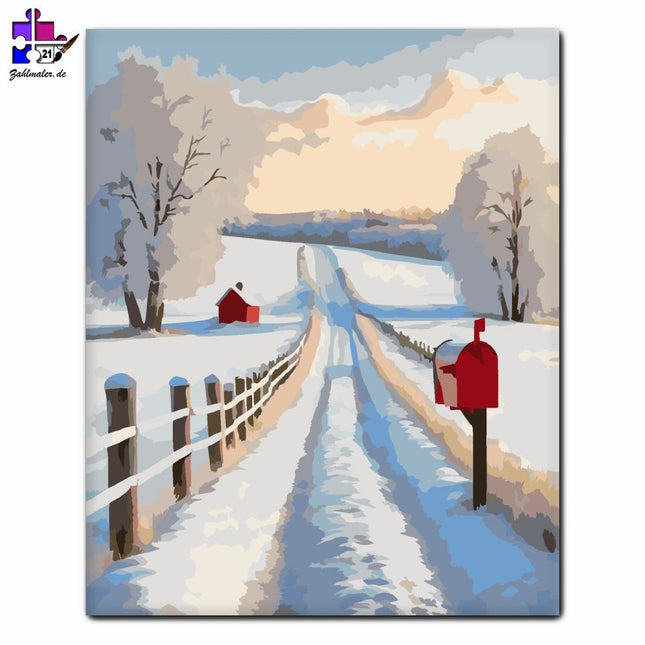 Verschneite Landstraße mit Briefkasten | Malen nach Zahlen-Zahlmaler.de