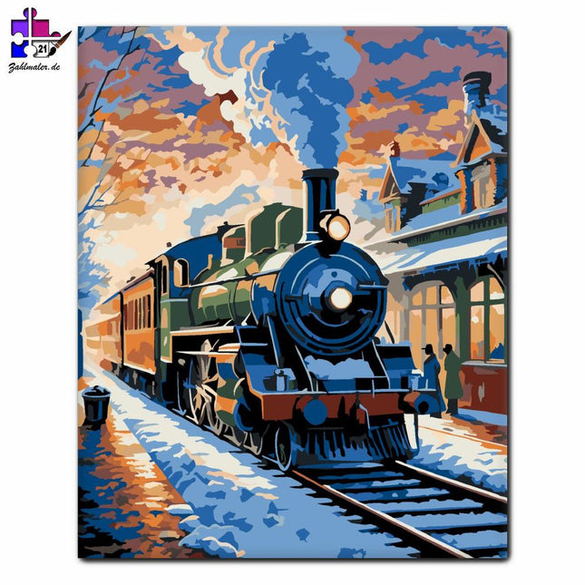 Winterbahnhof bei Sonnenuntergang | Malen nach Zahlen-Zahlmaler.de