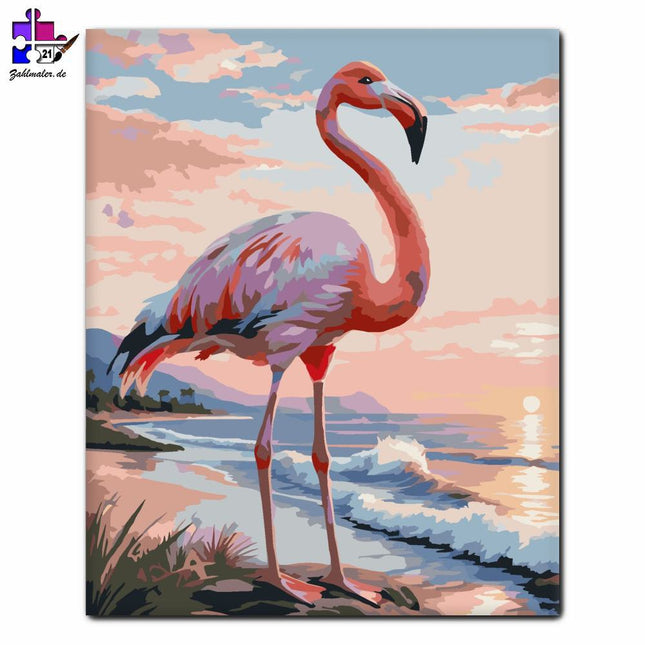 Einsamer Flamingo im Sonnenuntergang | Malen nach Zahlen-Zahlmaler.de