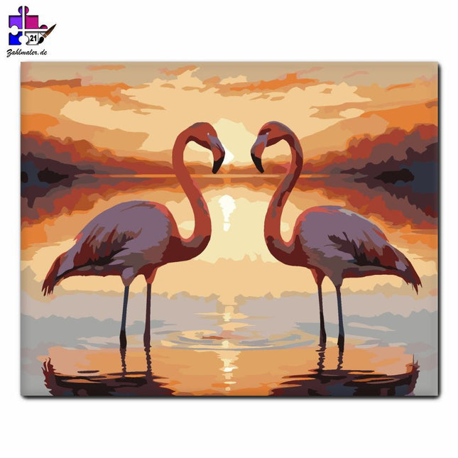 Herzförmige Flamingos bei Sonnenuntergang | Malen nach Zahlen-Zahlmaler.de