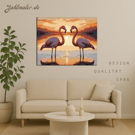 Herzförmige Flamingos bei Sonnenuntergang | Malen nach Zahlen-Zahlmaler.de