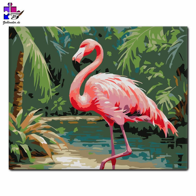 Verspielter Flamingo in einer tropischen Umgebung | Malen nach Zahlen-Zahlmaler.de