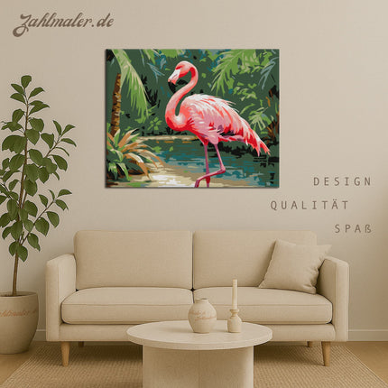 Verspielter Flamingo in einer tropischen Umgebung | Malen nach Zahlen-Zahlmaler.de
