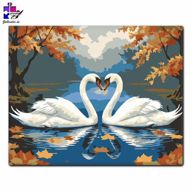 Ein Schwanenpaar im Herbstteich | Malen nach Zahlen-Zahlmaler.de