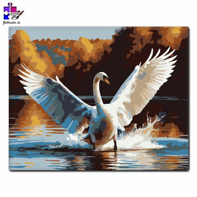Schwebender Schwan auf dem Herbstsee | Malen nach Zahlen-Zahlmaler.de