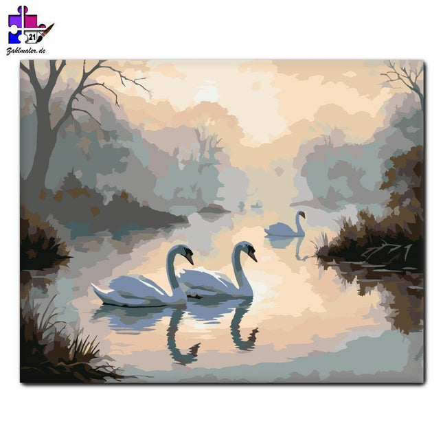 Schwäne in der nebligen Dämmerung | Malen nach Zahlen-Zahlmaler.de