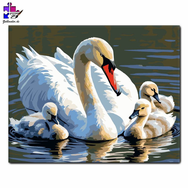 Mutter Schwan mit ihren Jungen auf dem See | Malen nach Zahlen-Zahlmaler.de