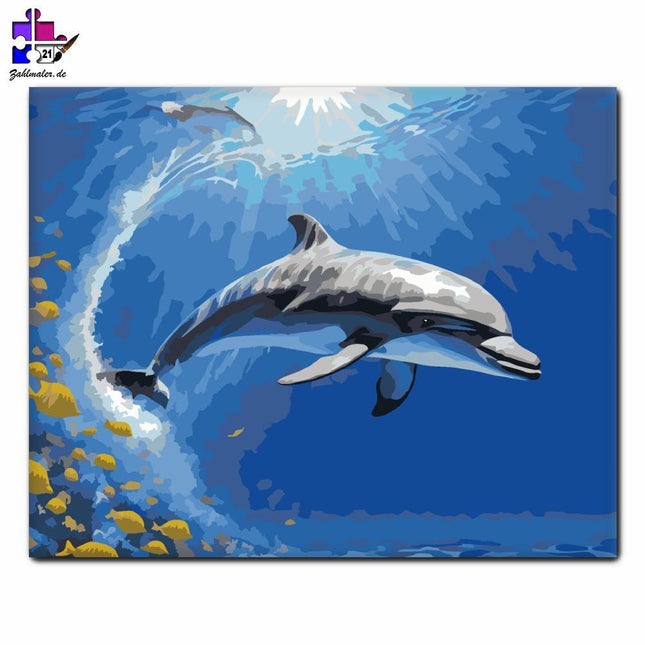 Delfin und Fisch unter den Wellen | Malen nach Zahlen-Zahlmaler.de