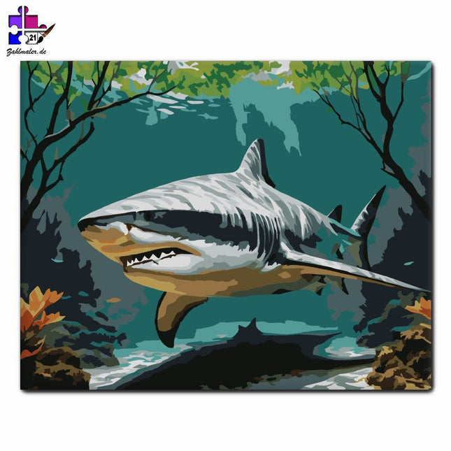 Bullenhai im Mangrovenwald | Malen nach Zahlen-Zahlmaler.de
