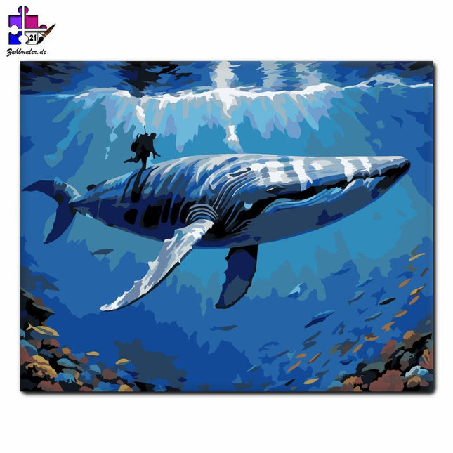 Wal mit dem Taucher in der Tiefe | Malen nach Zahlen-Zahlmaler.de