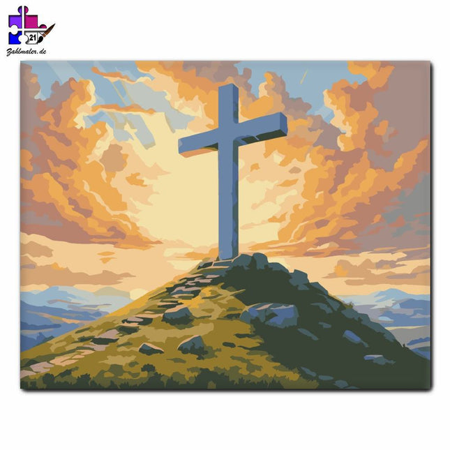 Oster-Sonnenaufgang mit dem Kreuz | Malen nach Zahlen-Zahlmaler.de