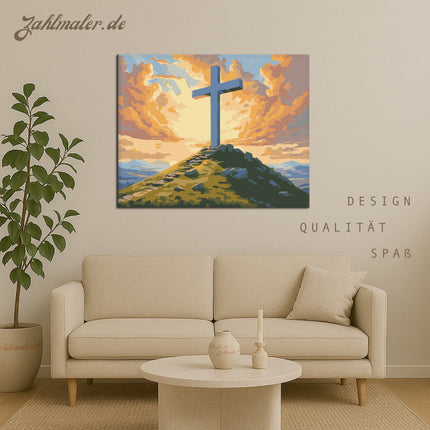 Oster-Sonnenaufgang mit dem Kreuz | Malen nach Zahlen-Zahlmaler.de