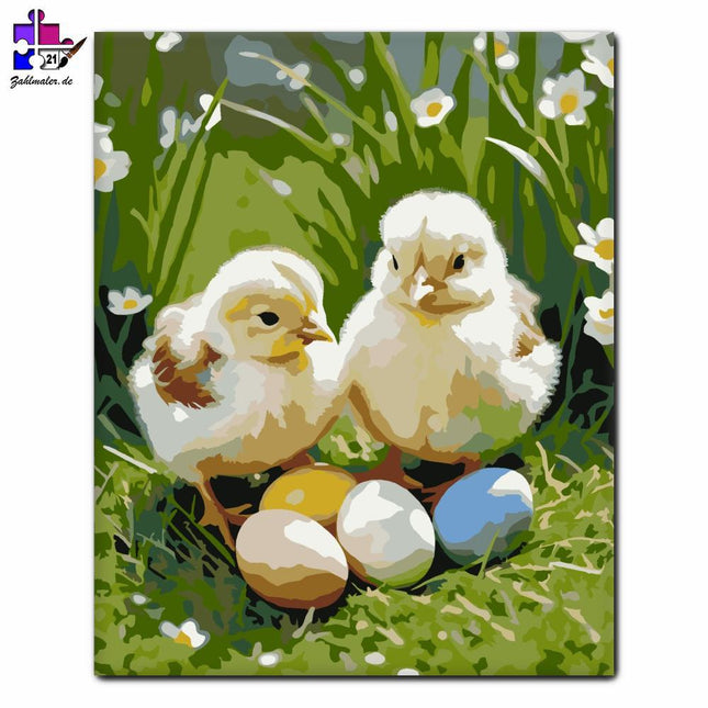 Küken mit bunten Eiern | Malen nach Zahlen-Zahlmaler.de