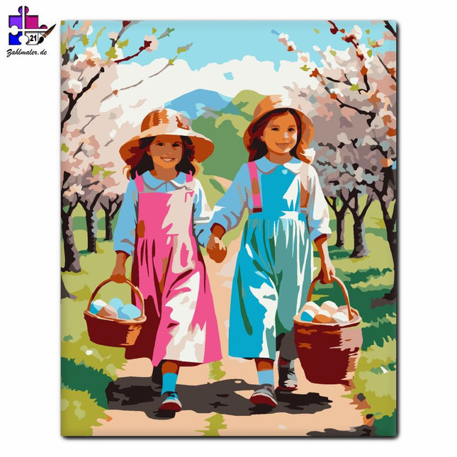 Kinder mit Osterkörbchen | Malen nach Zahlen-Zahlmaler.de