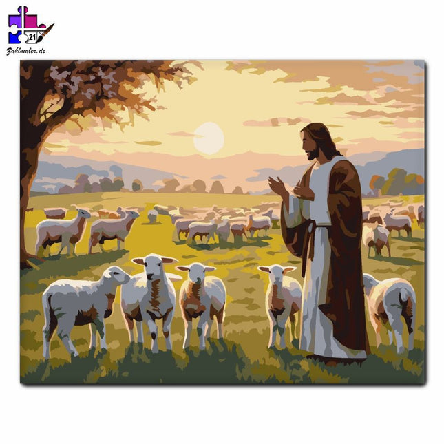 Jesus und die Lämmer bei Sonnenaufgang | Malen nach Zahlen-Zahlmaler.de