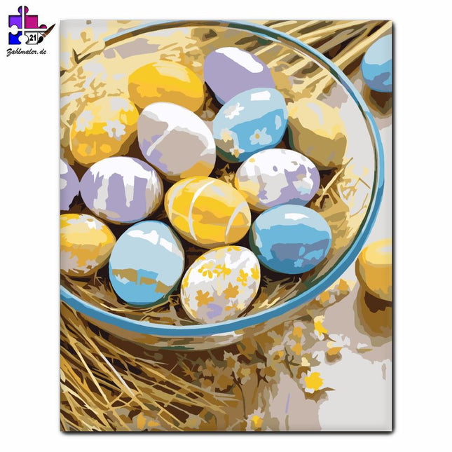 Blumige Ostereier in einer Glasschüssel | Malen nach Zahlen-Zahlmaler.de