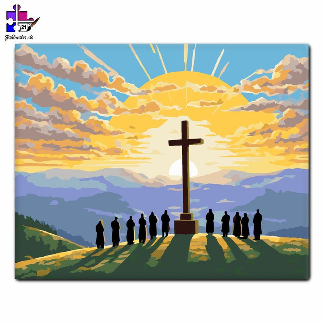 Oster-Sonnenaufgang mit dem Kreuz | Malen nach Zahlen-Zahlmaler.de