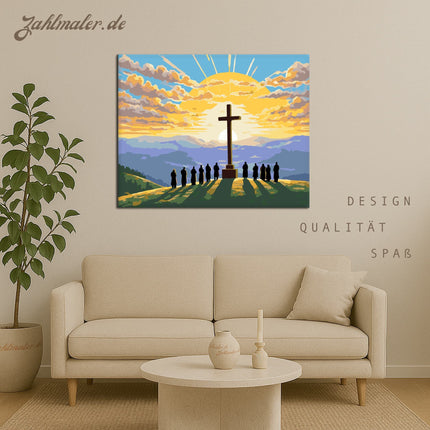 Oster-Sonnenaufgang mit dem Kreuz | Malen nach Zahlen-Zahlmaler.de