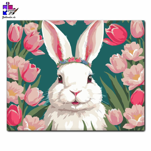 Hase mit Blumen zwischen Tulpen | Malen nach Zahlen-Zahlmaler.de